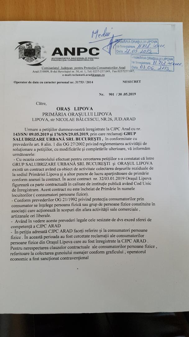 COMUNICAT,
         privind RĂSPUNSURILE OFICIALE , primite din partea organelor competente, în urma somațiilor transmise de Primăria Orașului Lipova cu privire la situația colectării deșeurilor în Orașul Lipova
